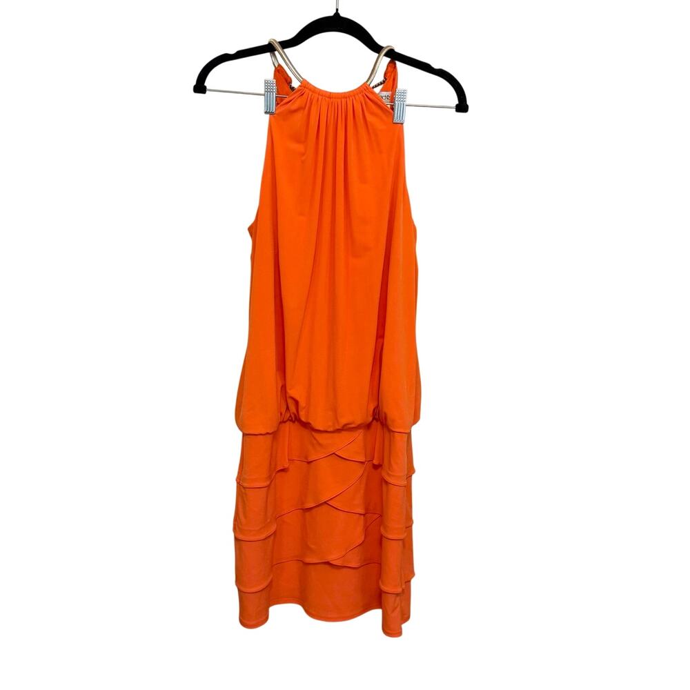 Cache Halter Dress 6 Orange Tiered Layered Ruched Chain Neck Cocktail Night Out